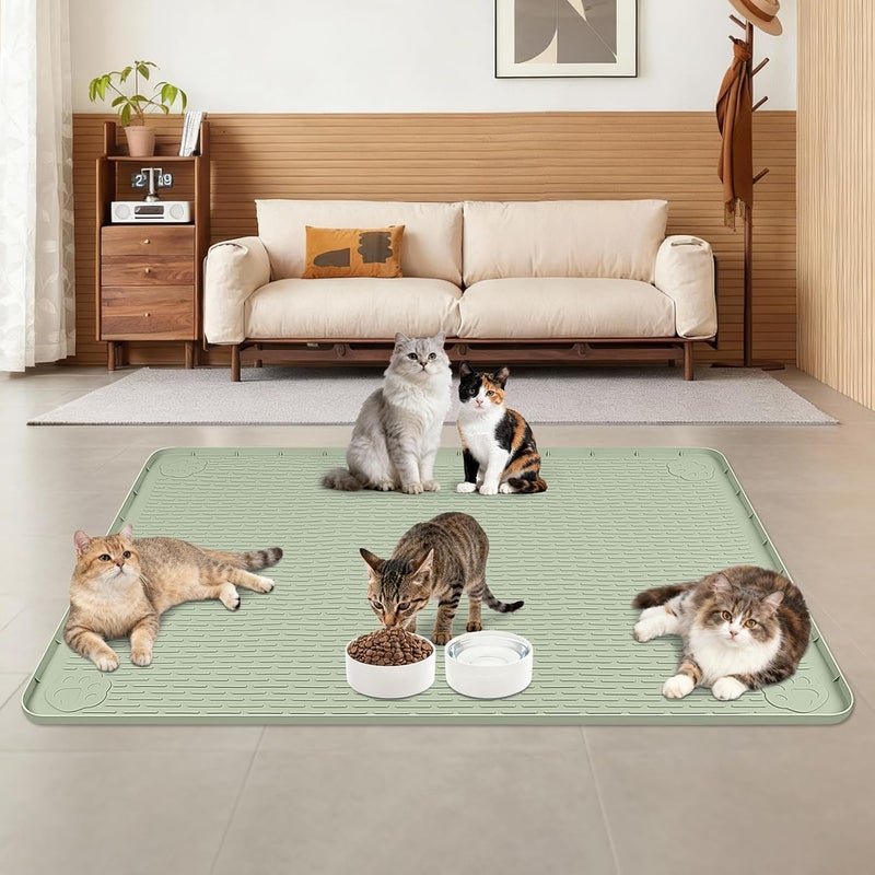 Lanstics Cat Food Mat, 40" x 28" Large Silicone Mat Cat Feeding Mat with Raised Edge Non-Slip Pet Feeding Mat for Food and Water Bowl, Easy to Clean, Floor Protection (Green) - Image 4